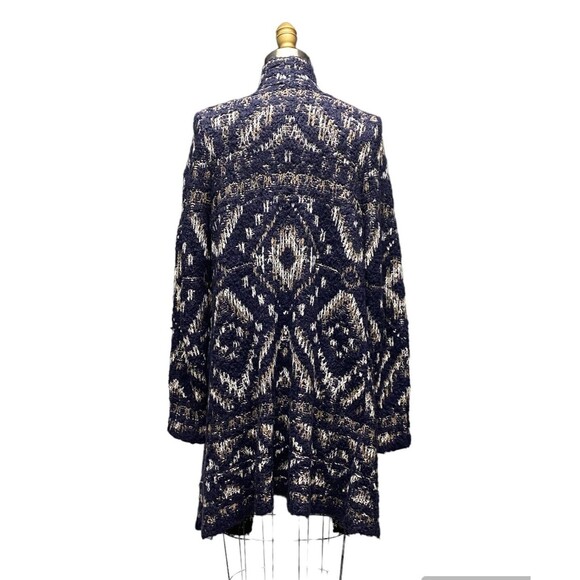 Lucky Brand XS Cardigan Sweater Navy Cream Aztec Open Drape Front Long Sleeve - Picture 2 of 14